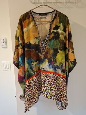 Toni Plus Vibrant Multi/Leopard Print Linen-rich Summer Poncho/Tunic (Size L/XL)